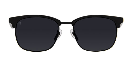 Front view of black sunglasses with polarized lenses.
