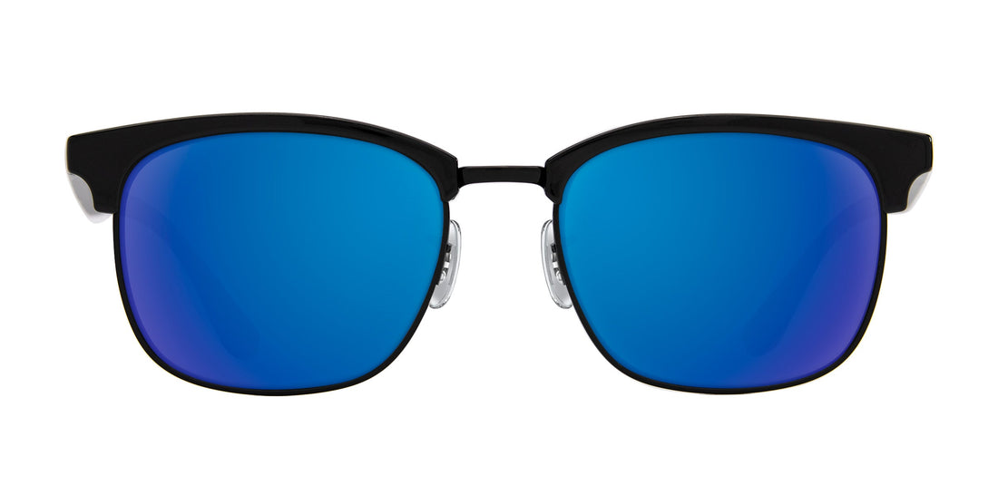 Front view of Stealth prescription sunglasses showcasing black TR90 browline frame and mirrored coastal blue lenses on white background