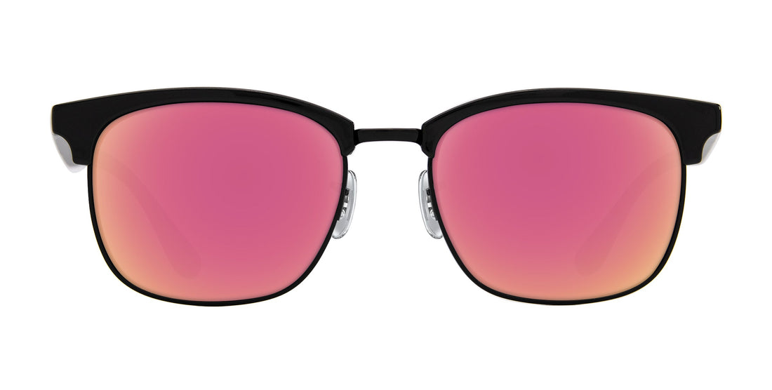 Front view of Stealth prescription sunglasses showcasing black clubmaster-style frame with pink mirrored lenses on a white background
