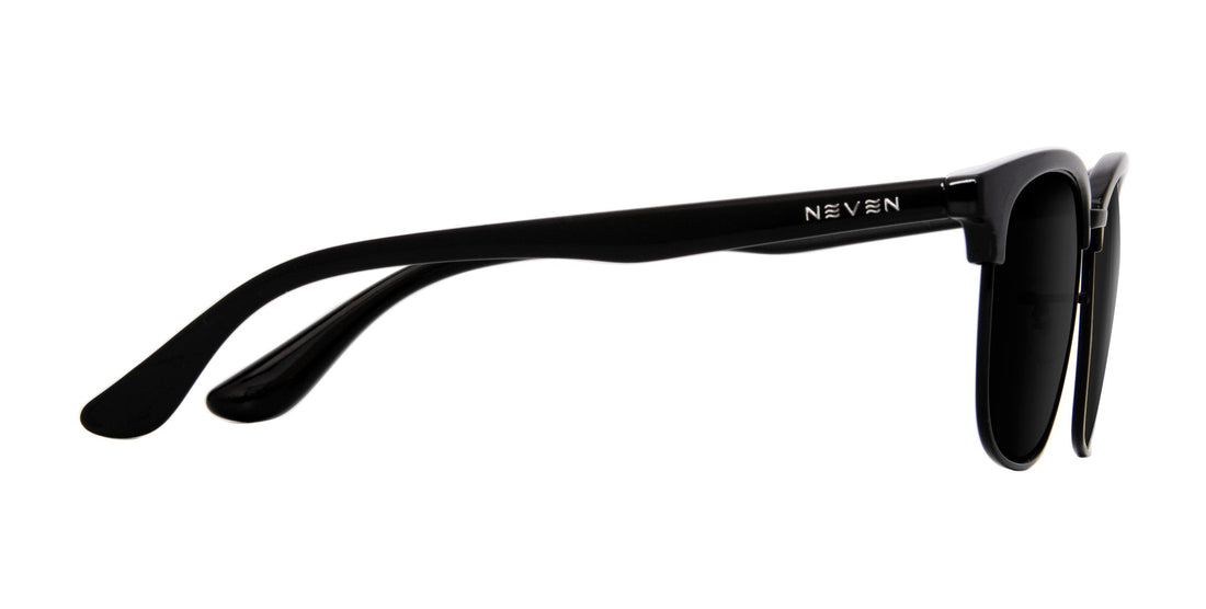 Side view of Stealth prescription sunglasses showing glossy black TR90 temple with NEVEN logo and dark lenses on white background