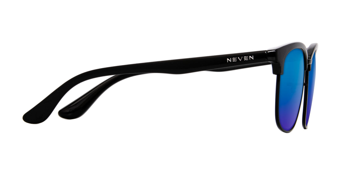 Side view of Stealth prescription sunglasses showcasing black TR90 temples with Neven logo and blue mirrored lenses on white background