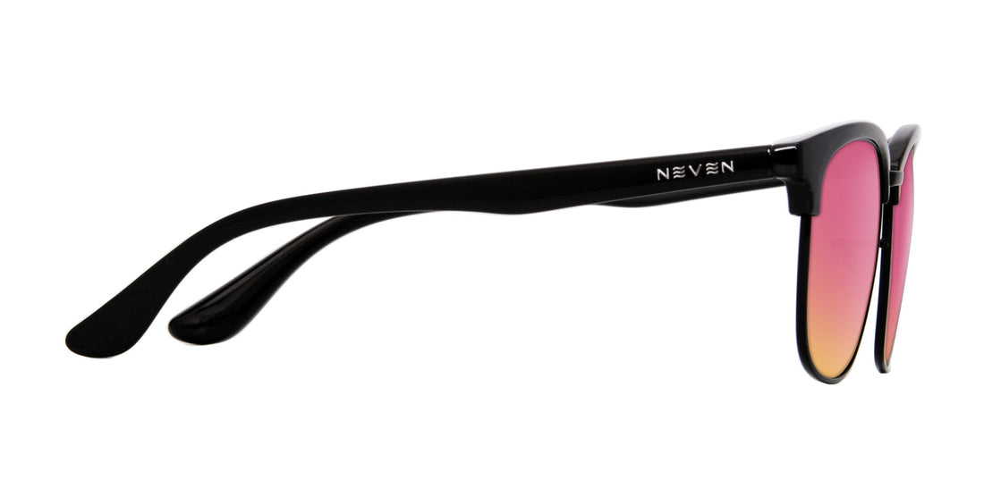 Side view of Stealth prescription sunglasses showing black TR90 temple with NEVEN logo and pink mirrored lenses on white