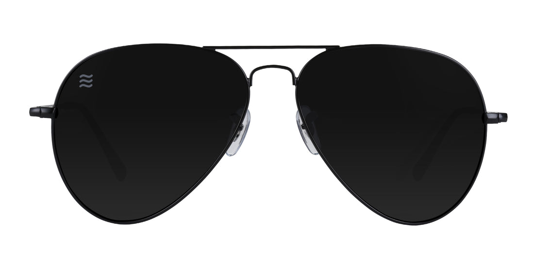 Front close-up of Nightfall aviator sunglasses showcasing black stainless steel double-bridge frame and polarized UV400 lenses on white background