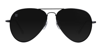 Black aviator sunglasses with polarized lenses.