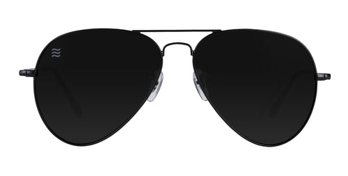 Black aviator sunglasses with polarized lenses.