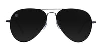 Black aviator sunglasses with polarized lenses.