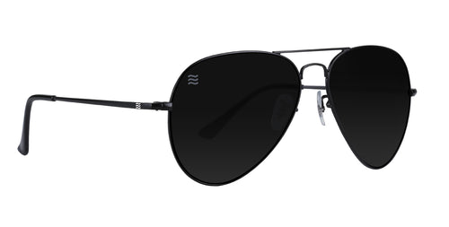 Black aviator sunglasses with polarized lenses.
