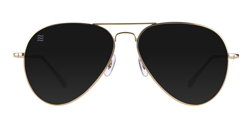Gold aviator sunglasses with polarized black lenses.
