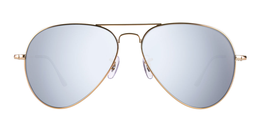 Front view of Goose aviator sunglasses showcasing gold metal double bridge frame and silver mirrored lenses