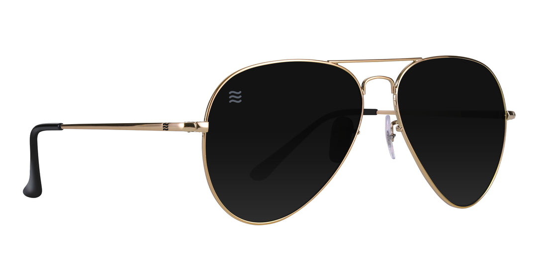 Black aviator sunglasses with polarized lenses and metal frame.