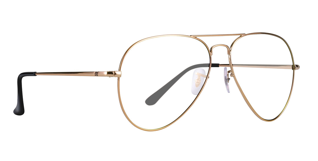 Right-side close-up of Goose aviator prescription glasses showing gold metal frame, double bridge, clear lenses on white background