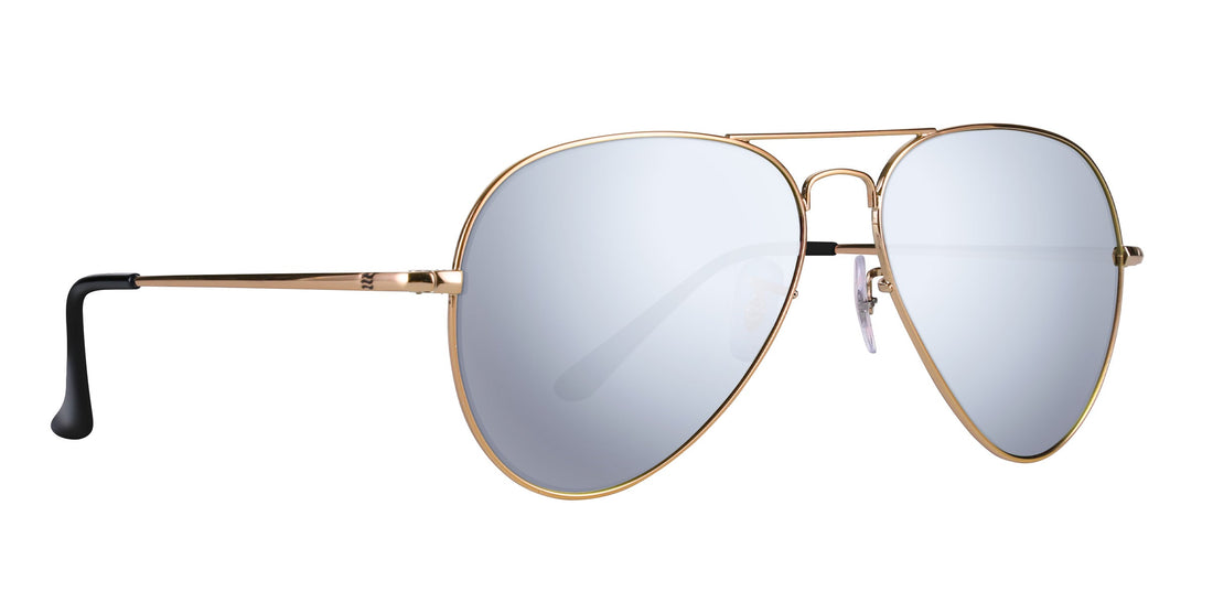 Angled right view of Goose aviator sunglasses with gold frame, silver mirrored lenses and black tips