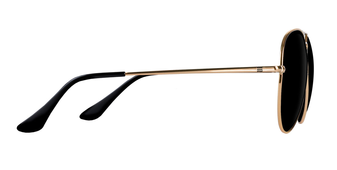 Side view of Goose aviator sunglasses showcasing thin gold metal temples, black temple tips, and dark prescription lenses