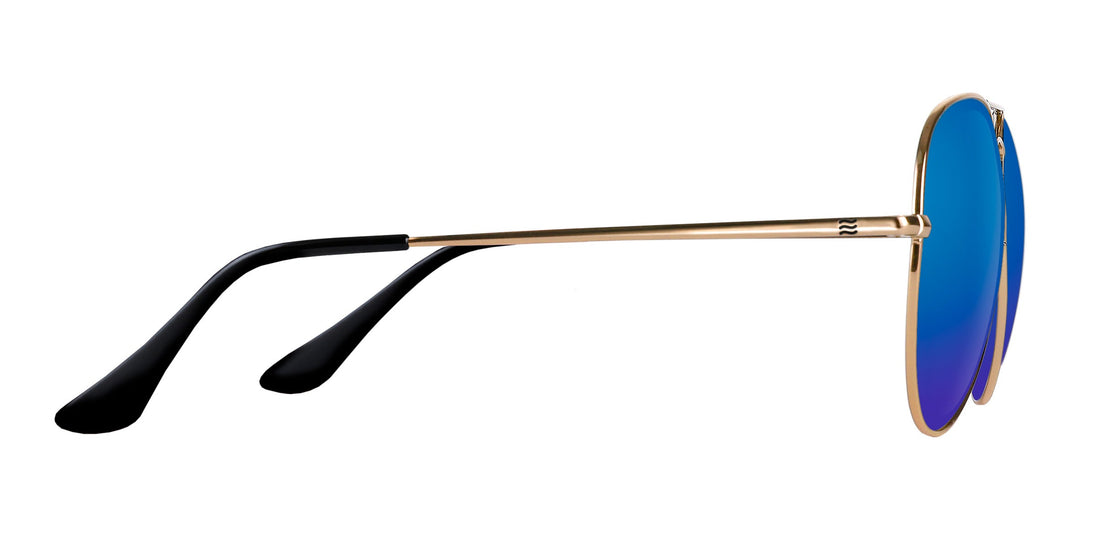 Side view of Goose aviator sunglasses showing gold metal frame, blue mirrored lenses, and black temple tips