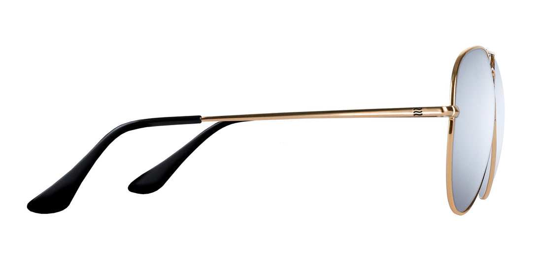 Side view of Goose prescription sunglasses showcasing thin gold metal frame and silver mirrored round lenses