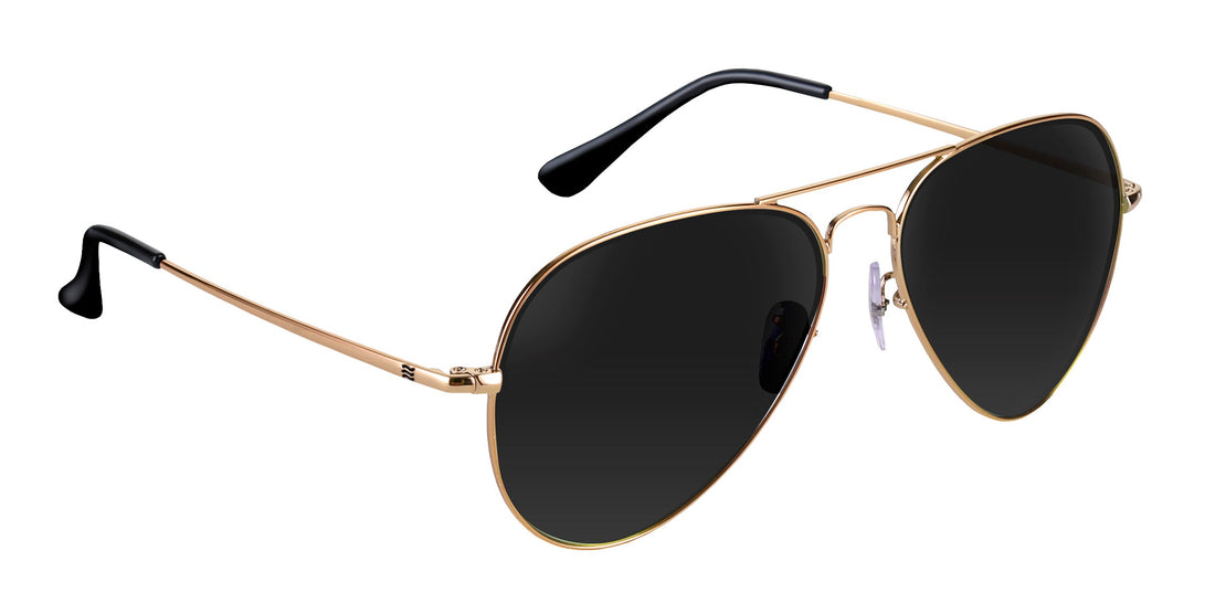 Angled view of Goose prescription aviator sunglasses showcasing black lenses and gold metal frame on white background