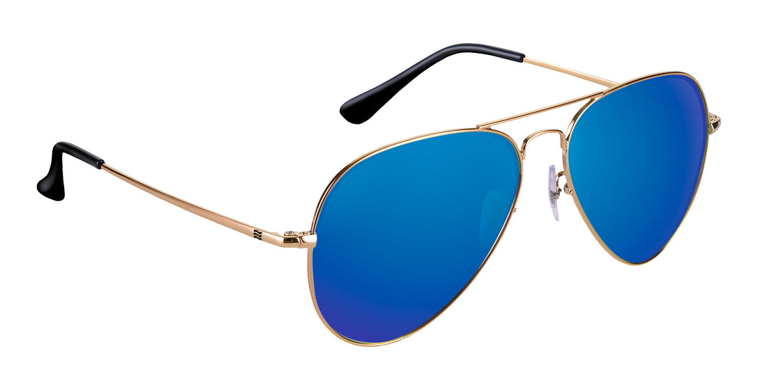 Three-quarter view of Goose prescription sunglasses showcasing blue lenses and gold metal aviator frame on white background