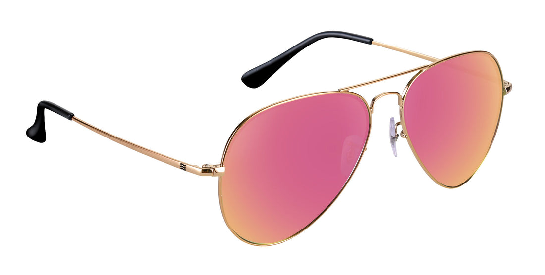 Angled close-up of Goose aviator sunglasses showing gold metal frame and pink mirrored prescription lenses