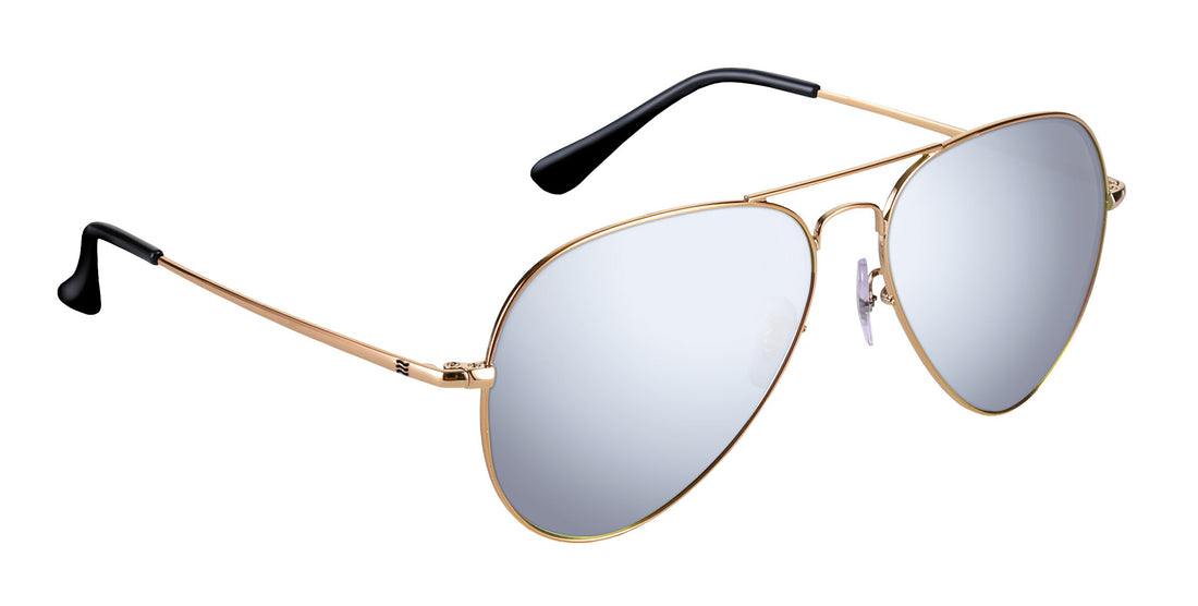 Angled front view of Goose aviator prescription sunglasses showing gold metal frame and silver mirrored lenses