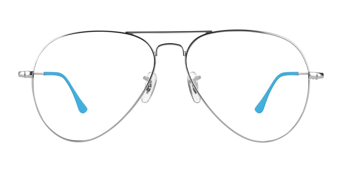 Front view of H2O silver aviator eyeglass frame showcasing double bridge and blue temple tips on white background