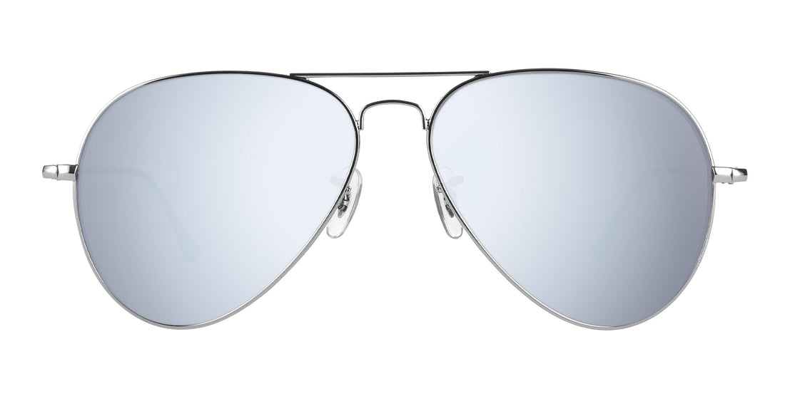 Front close up of H2O sunglasses showing silver metal aviator frame and mirrored blue lenses on white background