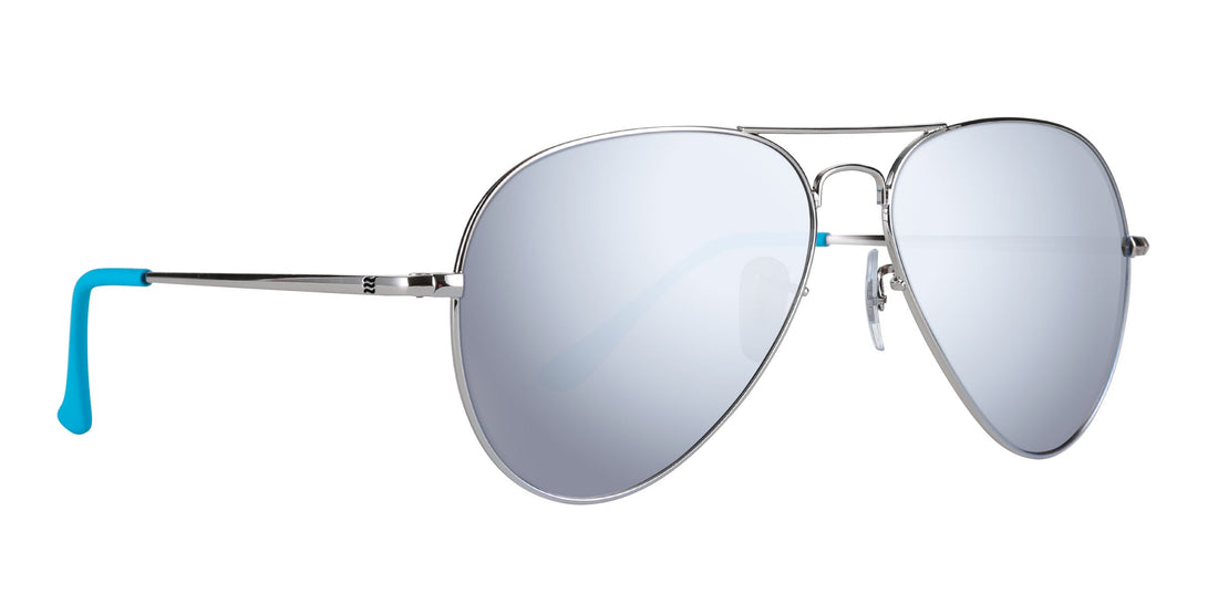 Right close-up of H2O aviator sunglasses showing silver metal frame, mirrored prescription lenses, and blue temple tip on white background