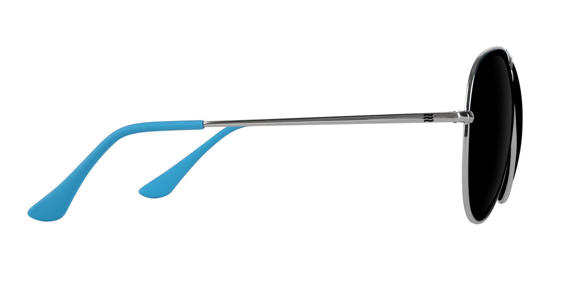 Side view of H2O prescription aviator sunglasses showing silver metal frame, black lenses and blue temple tips