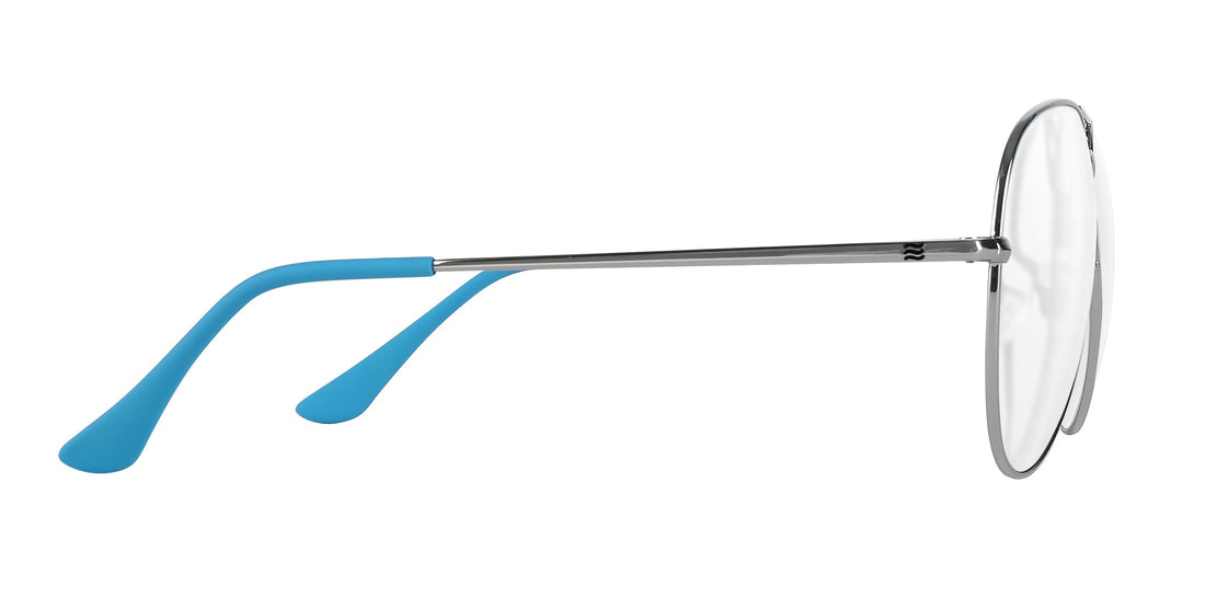 Side view of H2O silver aviator prescription sunglasses showcasing blue temple tips and clear lenses on white background