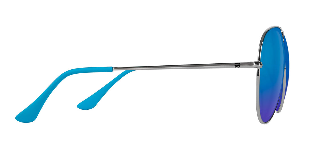 Side view of H2O sunglasses showcasing silver metal frame, coastal blue mirrored lenses and bright blue temple tips on white background