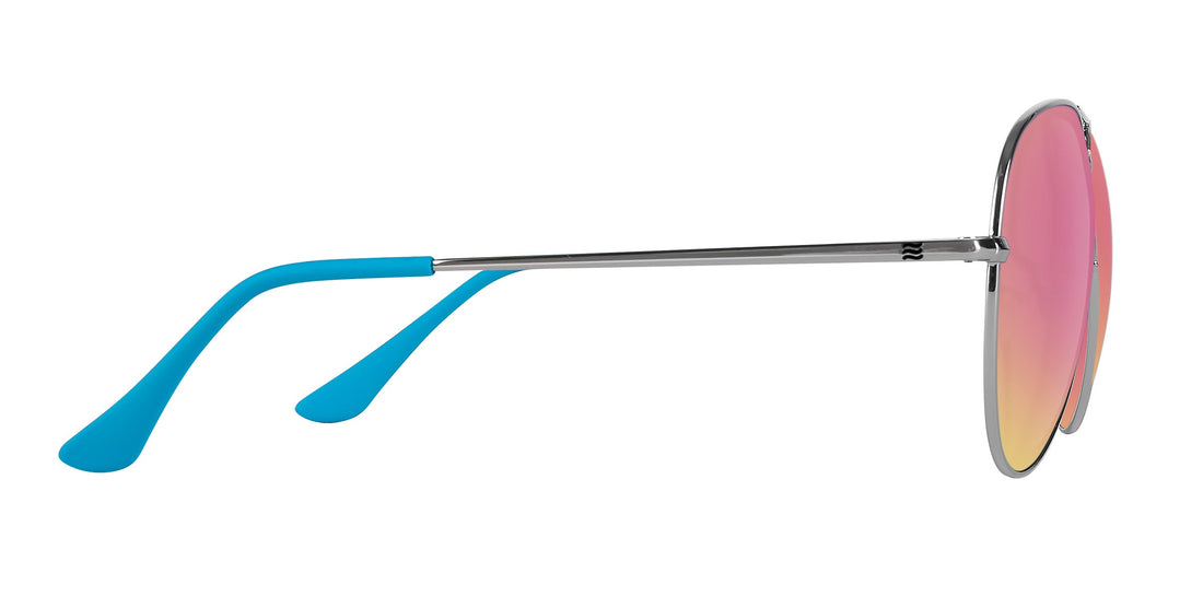 Side view of H2O prescription sunglasses showcasing silver metal aviator frame, pink gradient lenses, and blue temple tips on white background