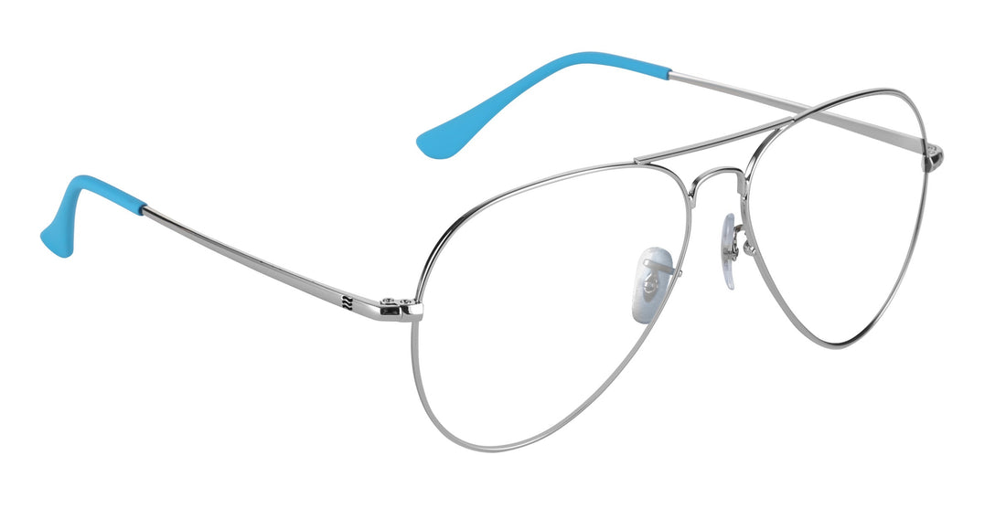 Three-quarter view of H2O Silver aviator prescription frame showcasing thin silver metal rims, adjustable nose pads, and blue temple tips on white background