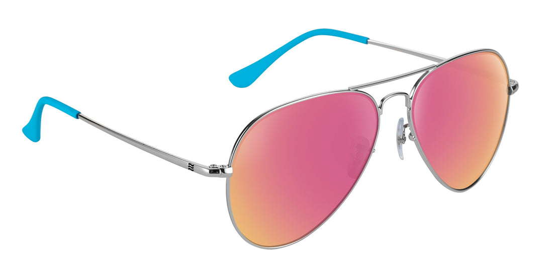 Three-quarter view of H2O silver aviator prescription sunglasses showcasing pink gradient lenses and blue temple tips on white background