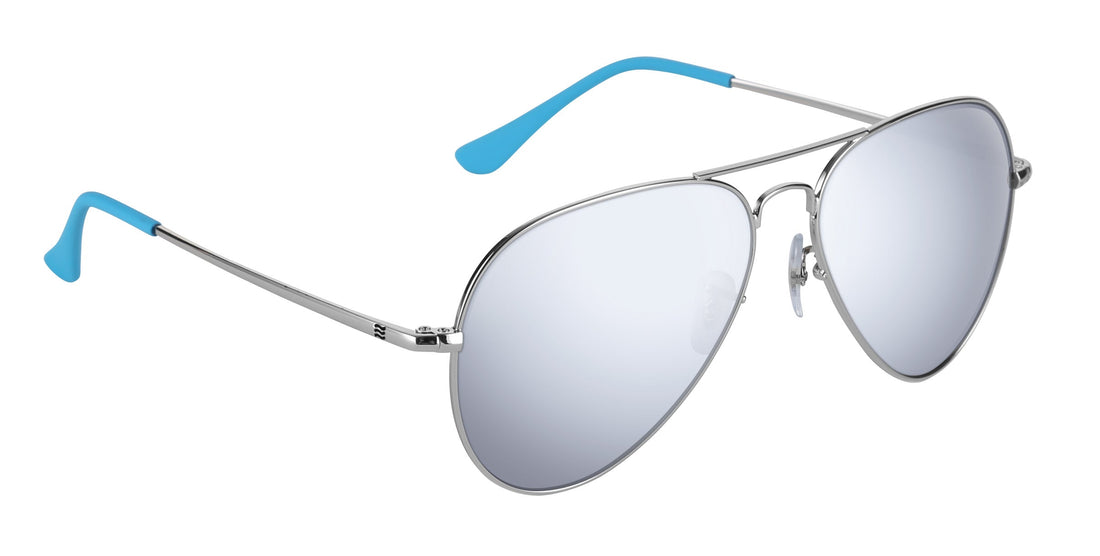Angled close view of H2O sunglasses with silver aviator frame, mirrored lenses and blue temple tips on white background