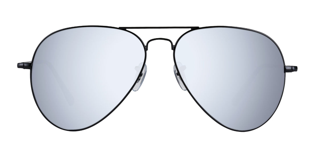 Front of Nightfall prescription aviator sunglasses with silver mirrored lenses and black double bridge on white background