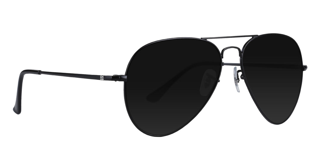 Nightfall Black Aviator prescription glasses with dark lenses.