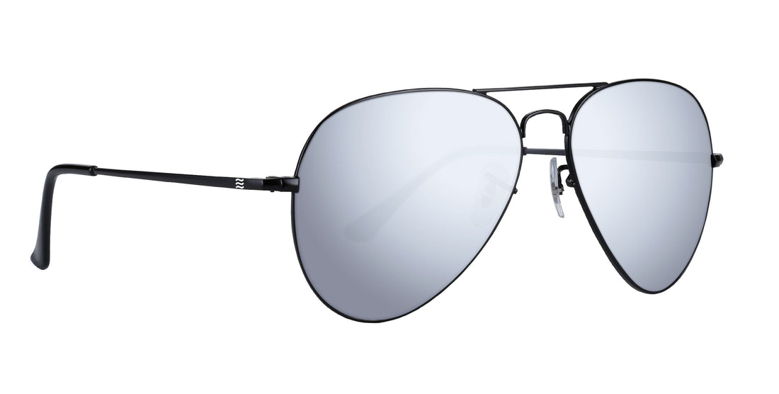Three-quarter view of Nightfall prescription aviator sunglasses with black metal frame and silver mirrored lenses on white background