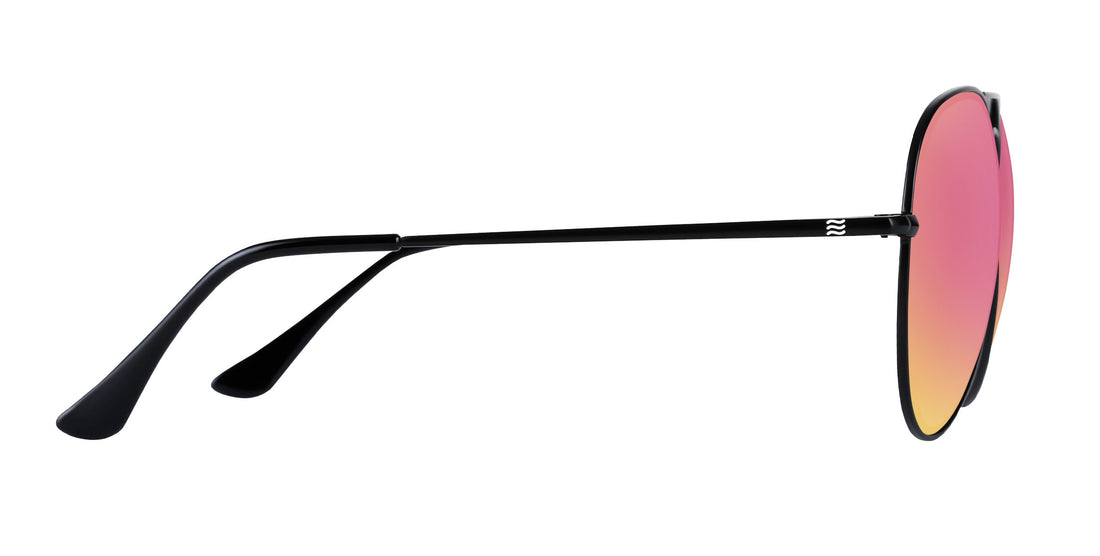Side view of Nightfall aviator sunglasses showcasing thin black metal temples, curved temple tips, and rose-pink mirrored prescription lens on white background