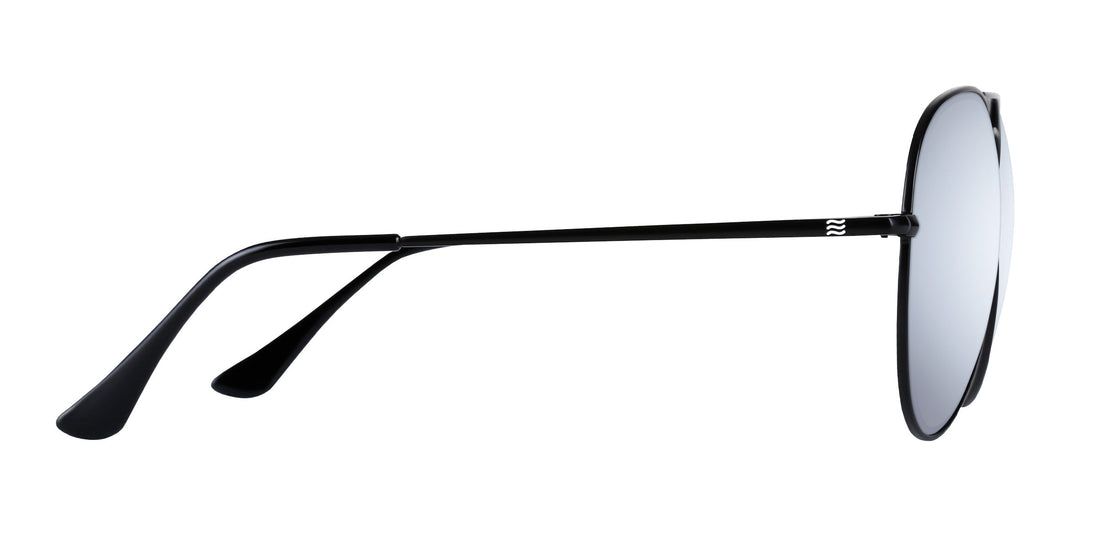 Side view of Nightfall prescription sunglasses showcasing thin black metal temples and mirrored silver lenses on white background