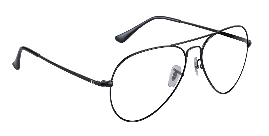 Angled close-up of Nightfall aviator glasses showing thin black metal frame, double bridge and adjustable nose pads on white