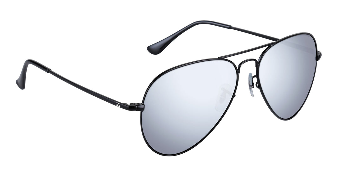 Right-side close-up of Nightfall aviator prescription sunglasses with black metal frame and silver mirrored lenses on white background