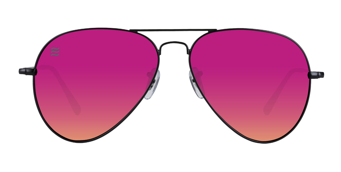 Black aviator sunglasses with pink gradient lenses.