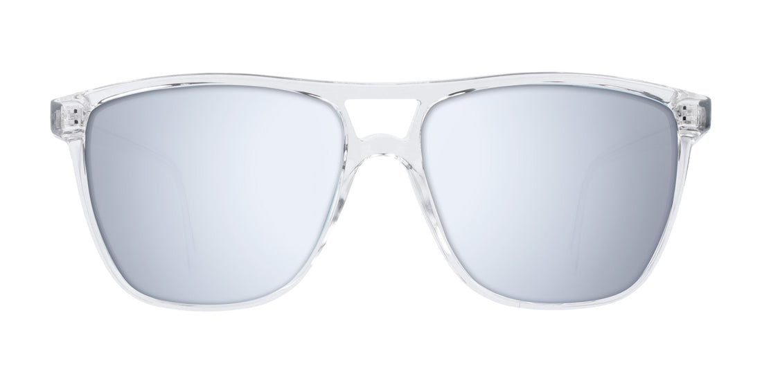 Front view of Lucid sunglasses showcasing clear frame and silver mirrored lenses