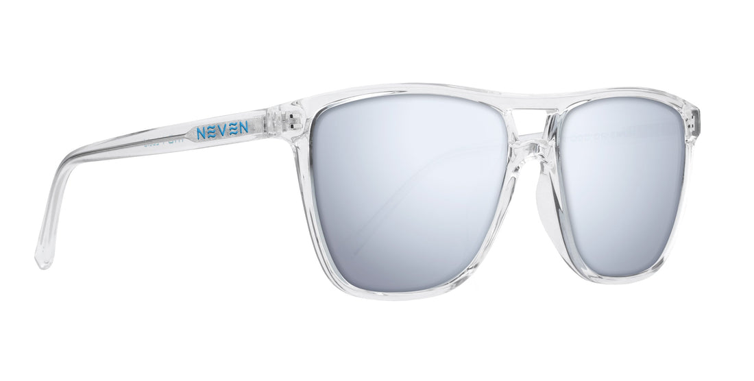 Three quarter view of Lucid prescription sunglasses with clear frame, blue mirrored lenses and Neven logo on white background