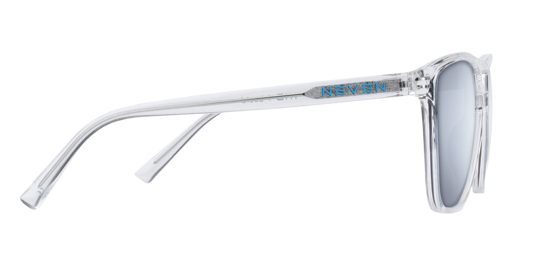 Side view of Lucid prescription sunglasses with clear frame, silver-mirror lenses and blue Neven logo on temple, white