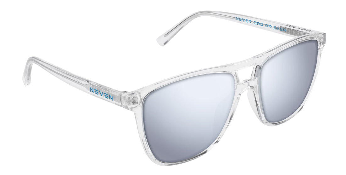Three quarter view of Lucid sunglasses showing clear frame, silver mirrored lenses and blue Neven logo on white background