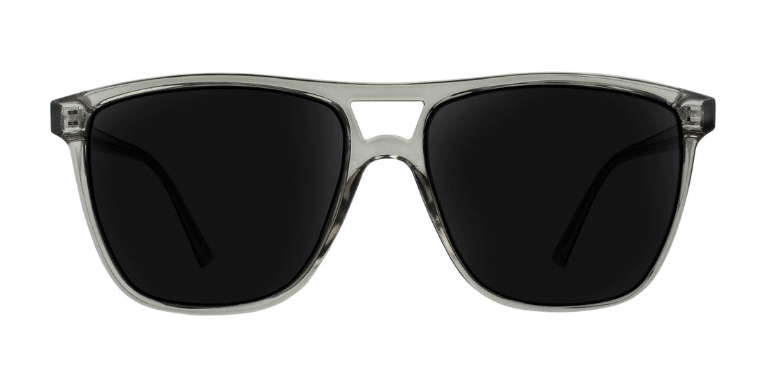 Front view of Rip Tide prescription sunglasses showcasing cool gray translucent frame and dark lenses