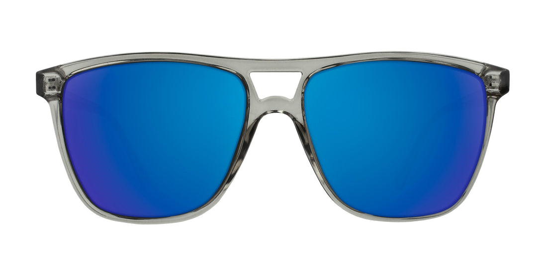 Front close-up of Rip Tide sunglasses showcasing blue mirrored prescription lenses and translucent gray frame