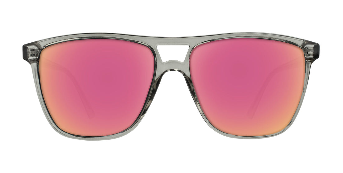 Front view of Rip Tide prescription sunglasses showcasing gray translucent frame and pink mirrored lenses