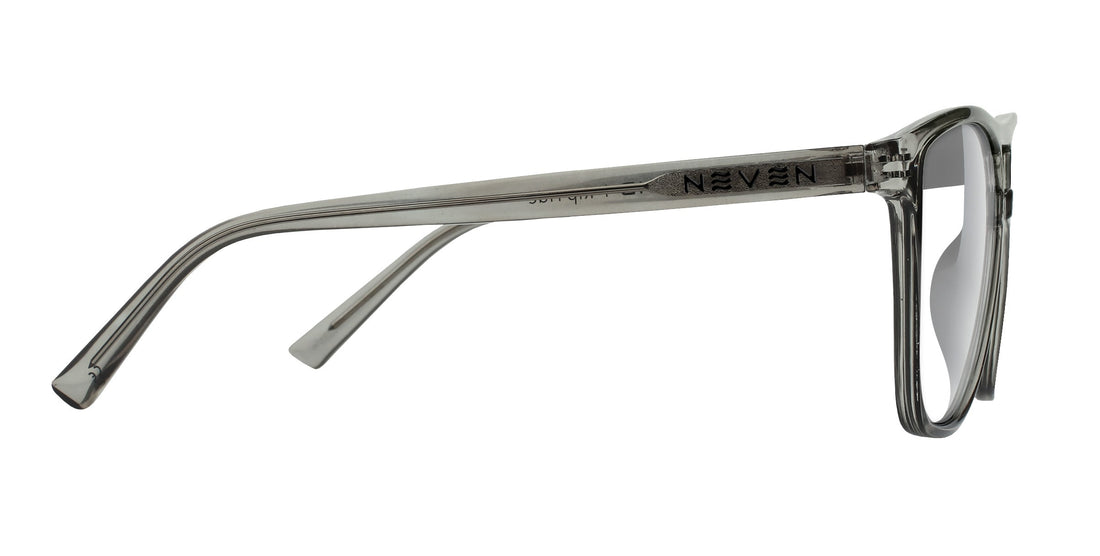 Side view of Rip Tide prescription sunglasses showcasing translucent cool gray temple with NEVEN logo on white background