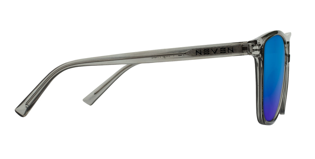 Side view of Rip Tide sunglasses showing translucent gray temple with NEVEN logo and blue mirrored lens on white background